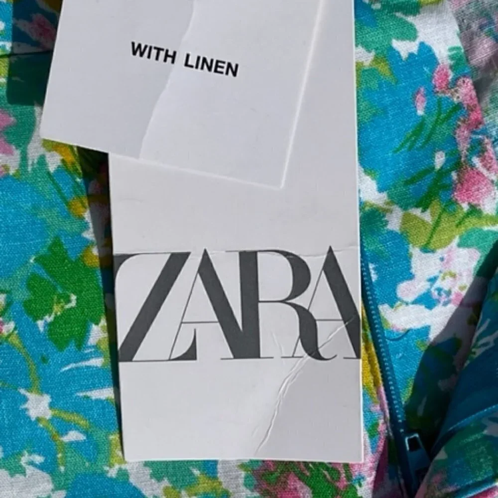 Zara NWT Printed Linen Blend Flared Trousers Green Blue Pink Floral Print Size 4